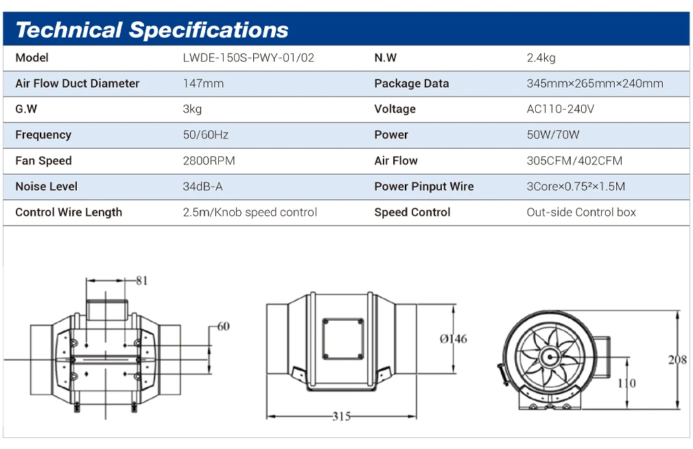 Inline Duct Fan, LONGWELL, Plastic - detail 4