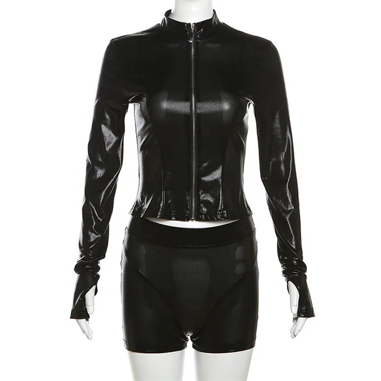 Women Mini Moto Ice Silk Two Piece Set Full Sleeve Hole Zip-up Tops+Biker Shorts Matching Outfit
