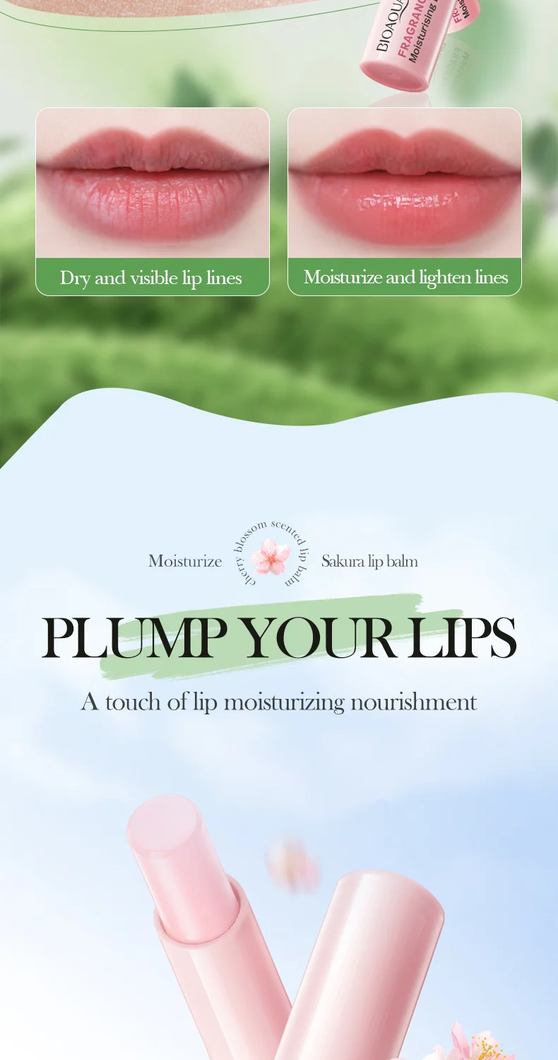 product hot selling oem bioaqua organic cherry blossom scented lip balm wholesale vitamin c moisturizing nourish cute lip balm stick-5