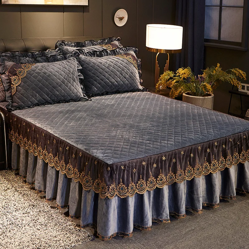 Luxury European Bed Skirt With Pillow Cases Home Full Size Lace Velvet