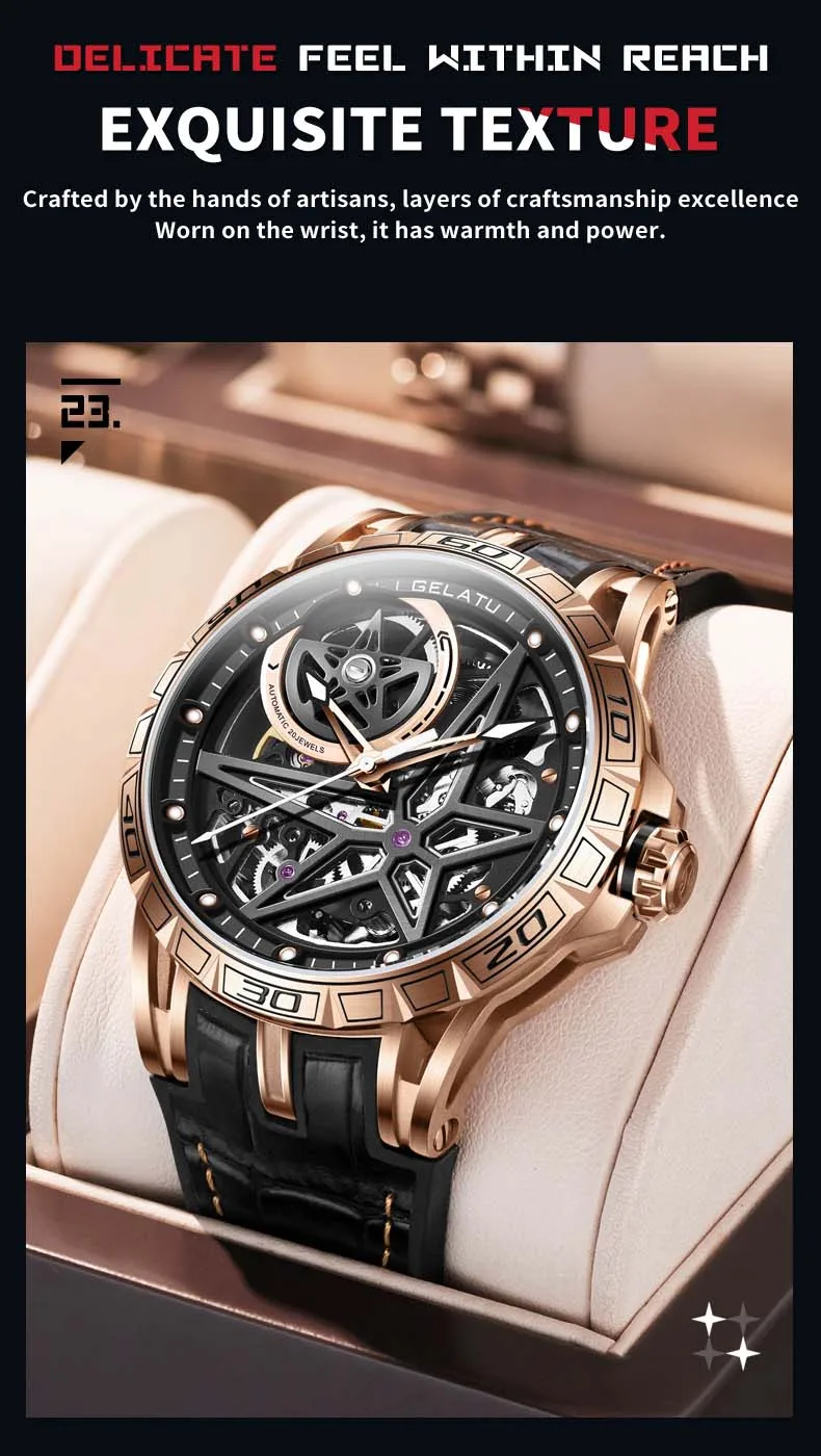 GELATU 6009 Popular Custom Face Mens Mechanical Watch Buy Leather Strap Luminous Scrolling Moq 1 Casual Watch Company