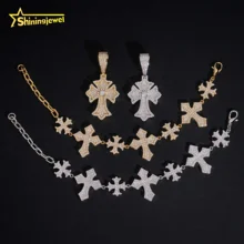 Hip Hop Jewelry Pass Diamond Tester Iced Out 925 Silver Moissanite Cross Bracelet Pendant Set