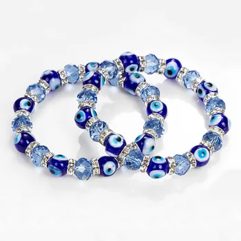 Custom rhinestone jewelry glass blue eye bead alloy bracelet for men and women
