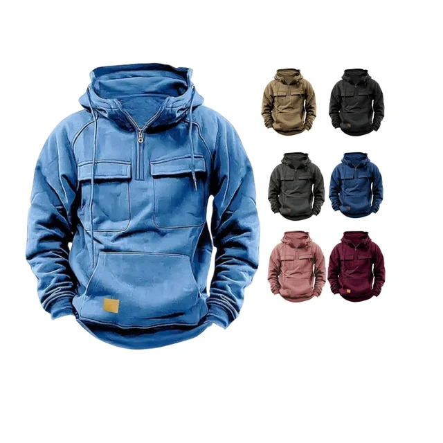 Cross-border autumn and winter new men's hooded solid color sweatshirt youth sports multi-pocket leather sweatshirt jacket