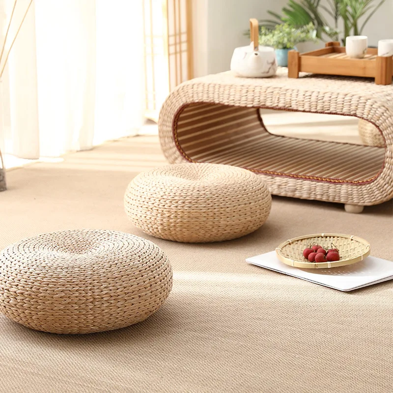 2 Pieces Straw Round Seat Cushion Tatami Futon Floor Mat Meditation Pillow 
