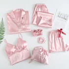 Sleepwear Sleepwear Set Customized Women Button Down Pjs Loungewear 7pcs Silk Satin Pajamas Set Female Sleepwear
