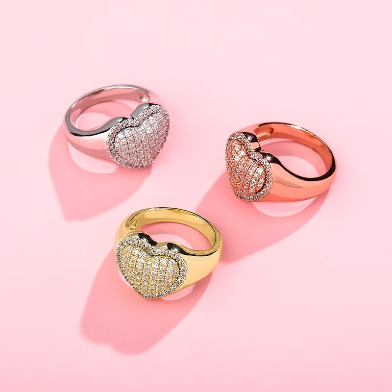 Unique design heart shape rings women jewelry shiny finger ring rose gold color iced out hip hop full diamond girl rings