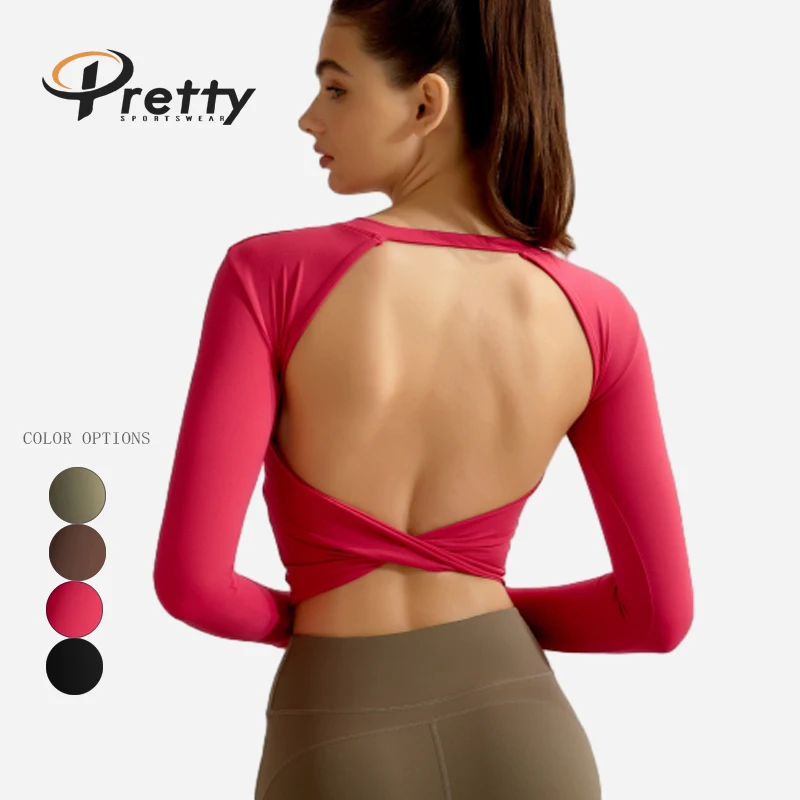 New Style Yoga Gym T-shirt Sexy Open Beauty Back Long Sleeve O-neck Athletic Good Material High Elastic Running Soft Sportswear.