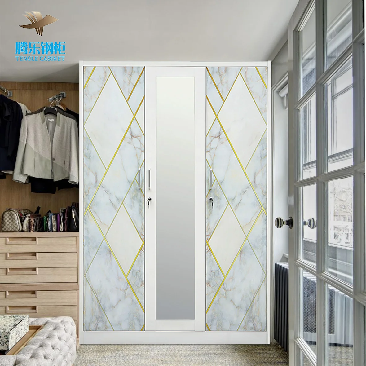 3-Door Iron Wardrobe for Kids Home Children's Pattern Bedroom Closet Cabinet Baby's Metal Furniture for Cloth Pakaian Lemari