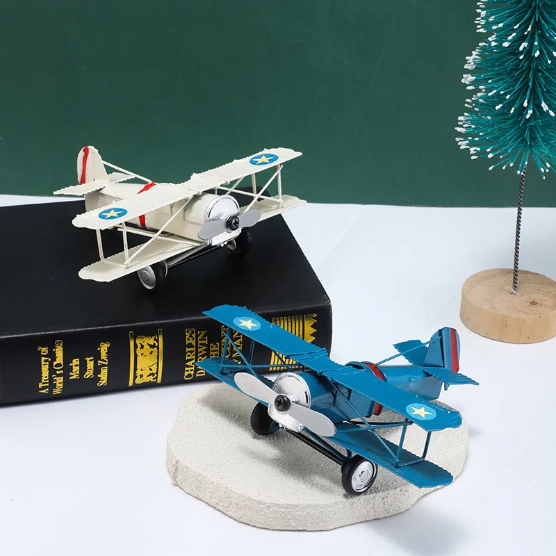 Wholesale Factory Hand-painted Retro Model Biplane Fighter Jet Creative Home Office Decoration Metal Aircraft Model Ornaments