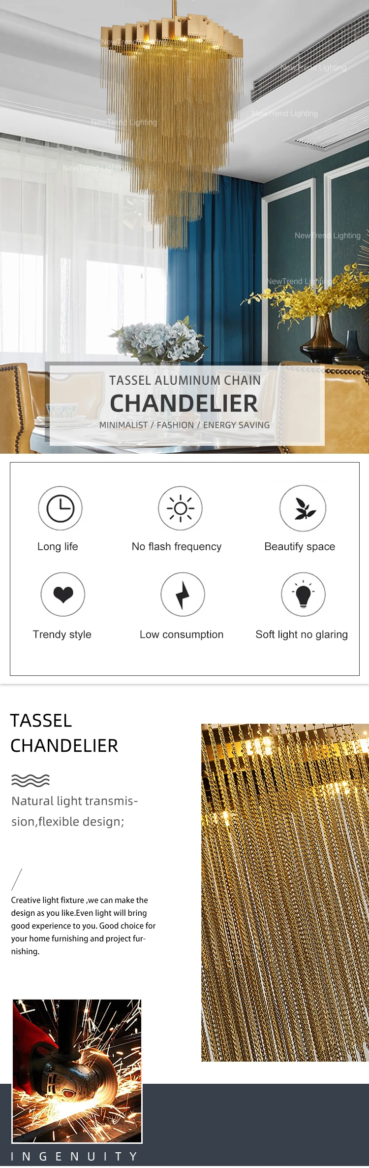CPL-234 New Product Indoor Decoration Gold Color Fixture Villa Restaurant Aluminum Chain Chandelier factory