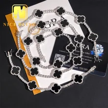 Iced out Jewelry 3MM Tennis Chain Bracelet Moissanite Black Agate Clover Onyx 925 silver Tennis Necklace Pass Diamond test