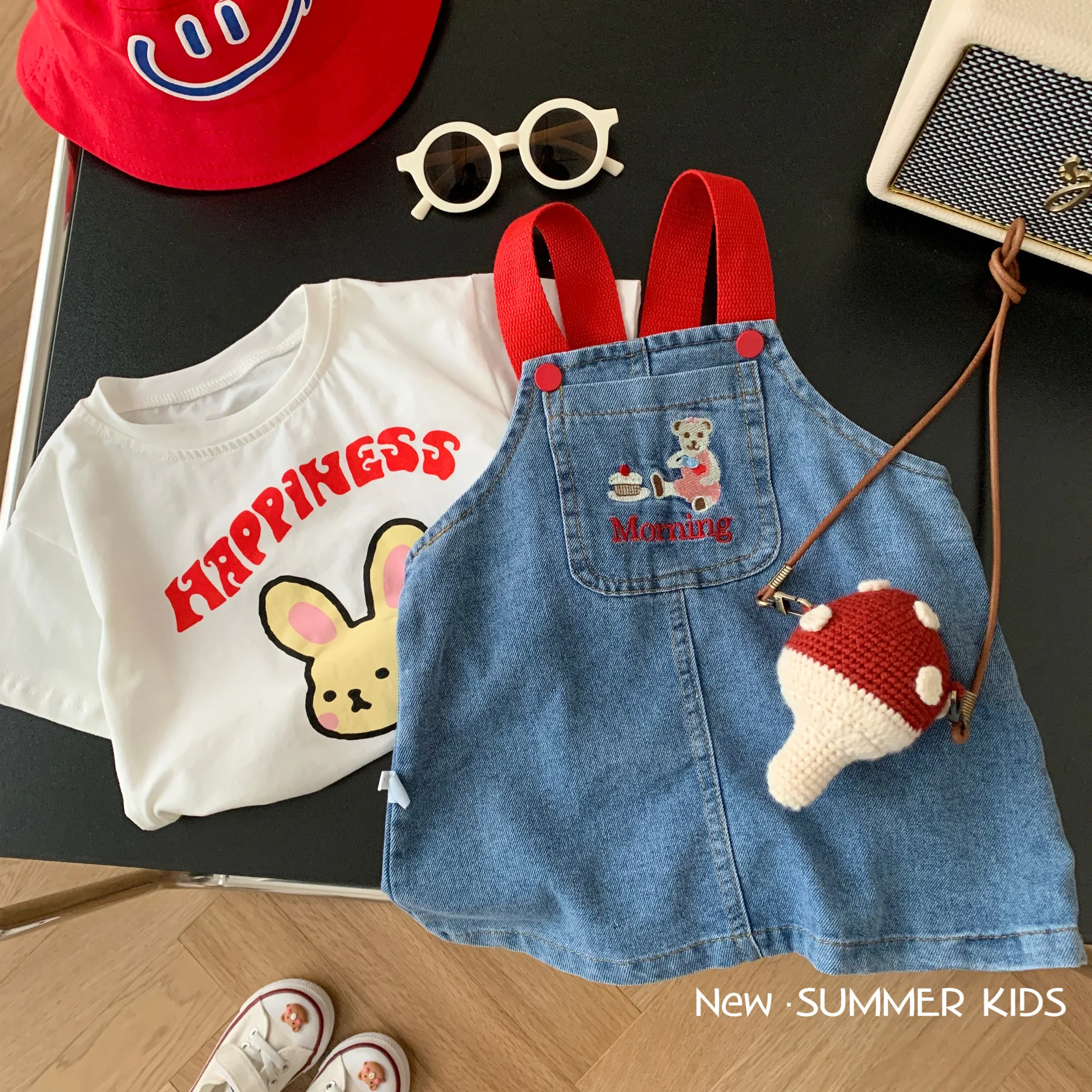 Summer Girls' Cartoon Denim Skirt Fashion Children's Embroidery Bear Dress Baby Girls' Clothes