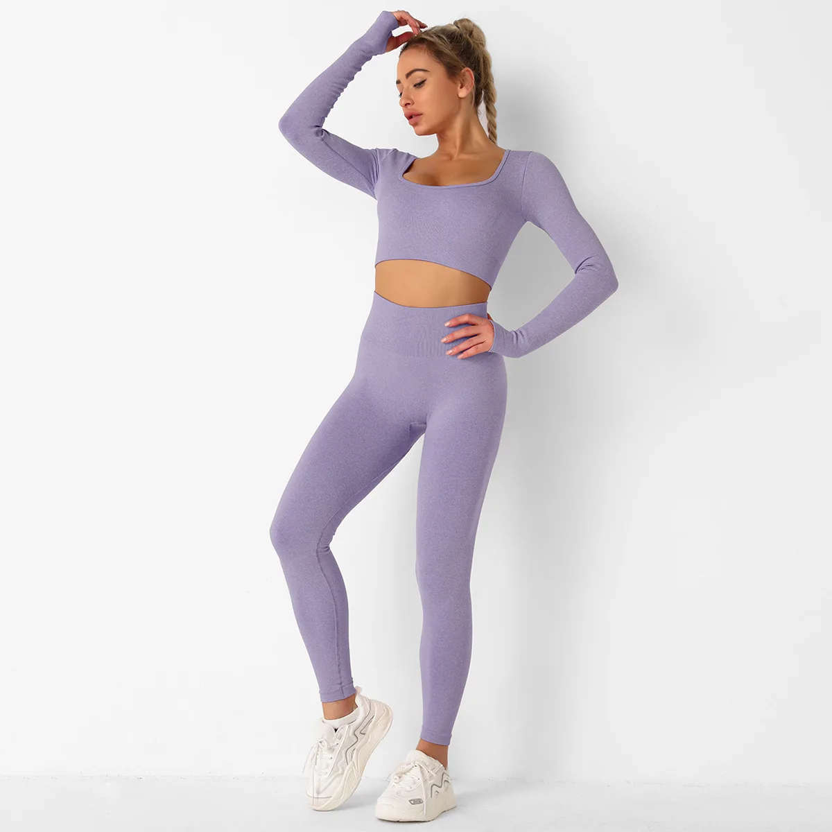 Seamless Yoga Clothing Set Women's Long Sleeve Sports Top High Waist