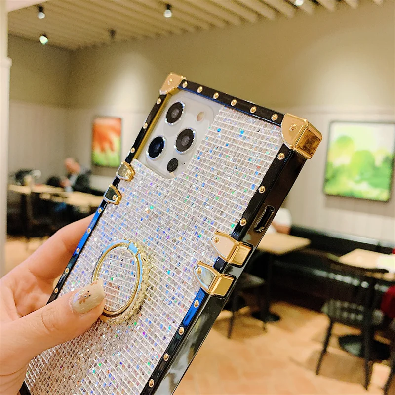 Luxury Glitter Bling Square Leather Phone Case For iPhone 15 14 13 12 11 Pro Max Xs Xr Xs Max Mobile Cover With Ring Holder