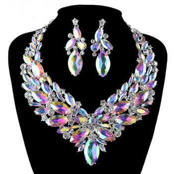 Cross-border European and American exaggerated atmosphere crystal necklace earrings set bride wedding alloy set chain female acc
