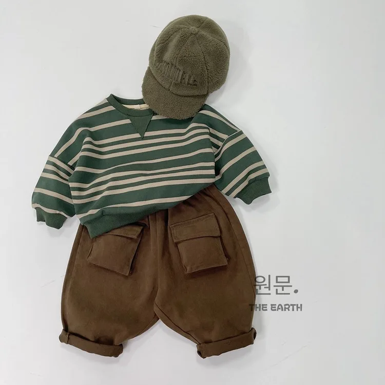 Children's overalls autumn new boys and girls loose casual pants baby pocket style pants