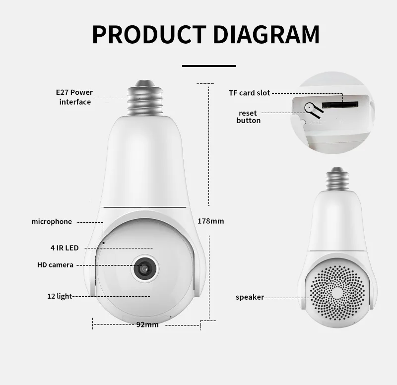 ICsee 2MP 4mp WiFi Floodlight E27 Bulb PTZ Camera wireless Auto Tracking Security Wifi 1080P Light Bulb Ptz Floodlight Camera