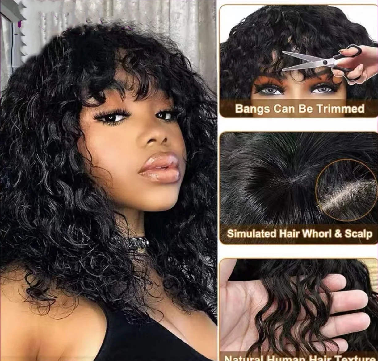 Factory Full Machine Made Wigs Virgin Cuticle Aligned Hair Non Lace Wigs Natural Color Curly Human Hair Wigs With Bangs