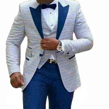 Latest Groom Tuxedos Blue Lapel Men Suits 2022 Slim Fit Groomsmen Wedding Best Man 3 Pieces Business Suits ( Jacket+Pants+Vest )