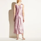 Pink Custom Sleeveless V Neck Pink Satin Midi Dresses Women With Self Tie