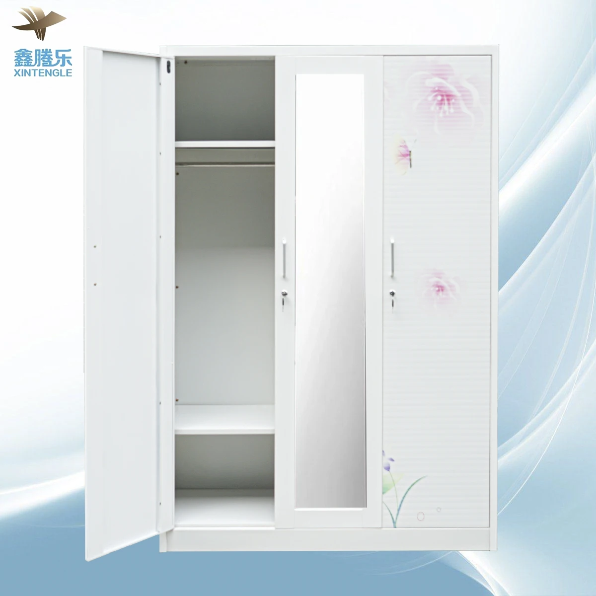 Tengle Flash Sale Cheap Steel 3-Door Almirah Bedroom Furniture with Lock and Key Steel Flower Printing Metal Wardrobe