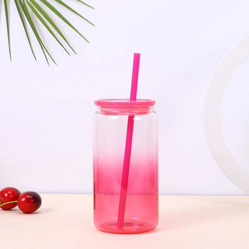 Wholesale Heat Sublimation Straw Glass 16oz Gradient Dazzle water Cup Colorful PP Lids and Straws