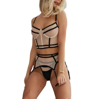 Woman Corset bodysuits See-Through Stitching Sexy Bra And Brief Sets With Strap Sheer Sexy Women Lingerie Feminine Porno