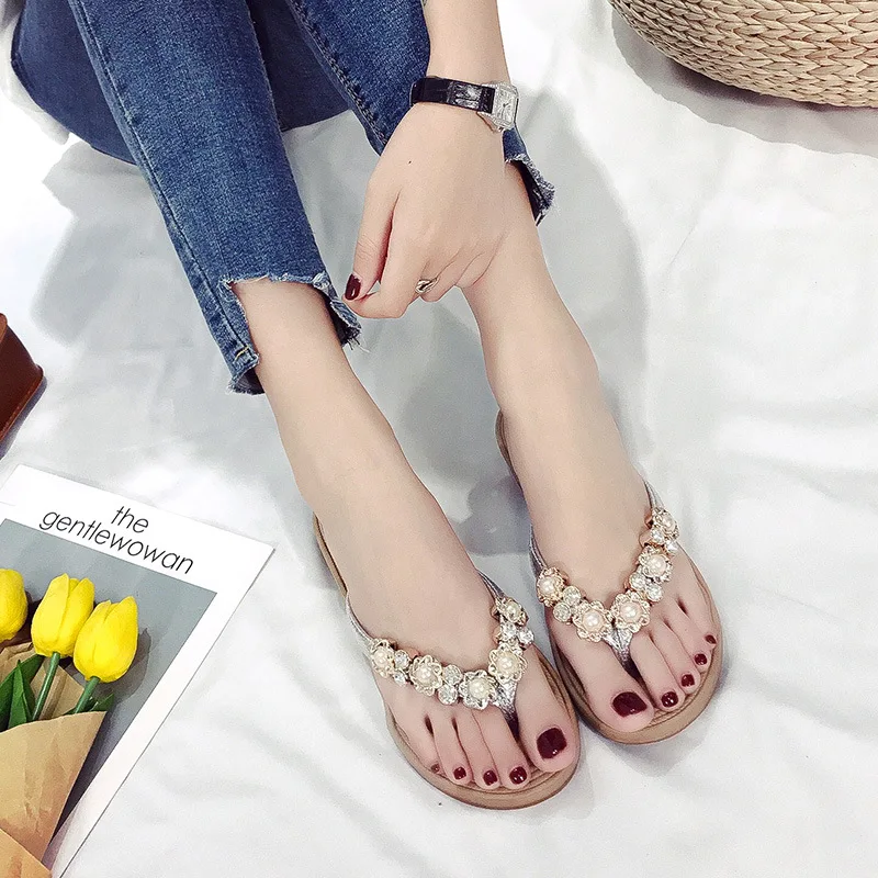 New style sandals women's bohemian style small flowers flip flops flat-bottomed large size slippers