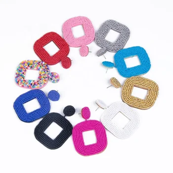 New Design Statement Colorful Resin Seed Bead Handmade Earrings Rhombus Square Shaped Pendant Earrings