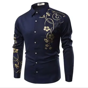 New Style Hot Sale Men's Casual Dress Shirt Button Lapel Collar Gold Flower 3D Print Formal Business Tops Casual Shirts