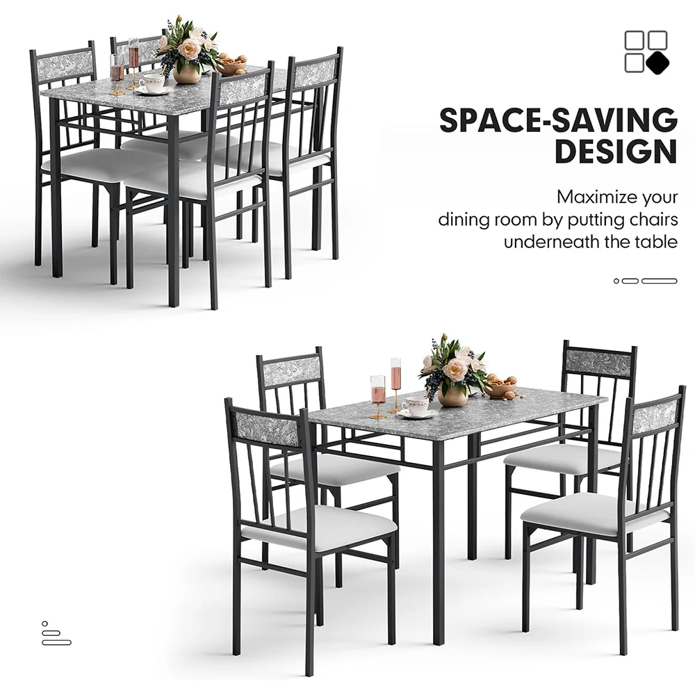 5-Piece Vintage Rectangular Dining Room Table Set 4 Faux Marble Kitchen Table Chairs Cushion Padded Seats Metal Wood Furniture manufacture