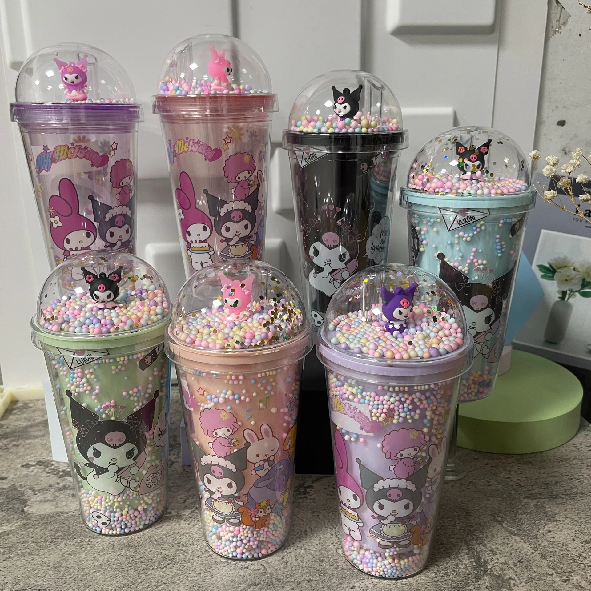 Creative Cartoon Kulomi Straw Water Cup with Lid Sanrio Water Cup for Kids Double Layers Cold Drinking Glitter Ice Bottle