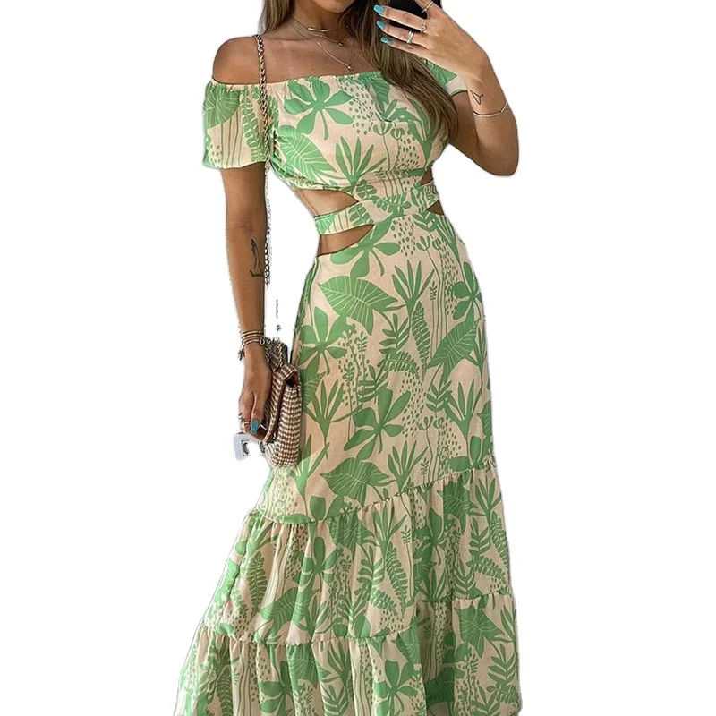 2022 Summer Off Shoulder Cut Out Dress Holiday Beach Women Floral Print Long Dresses