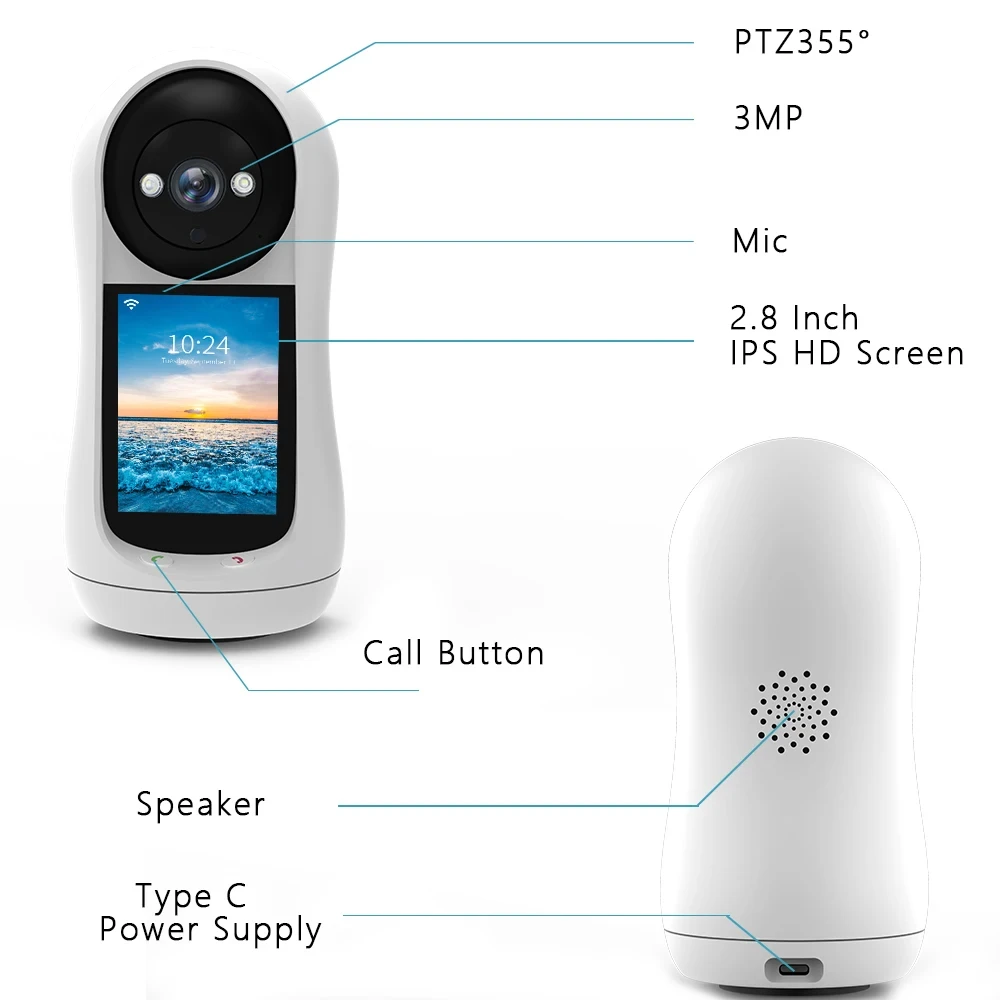 iCSee 3MP PTZ Wifi Camera Video Call with 2.8 Inch IPS Screen Baby Cry Sound Detection Security IP Camera Baby Monitor iCSee