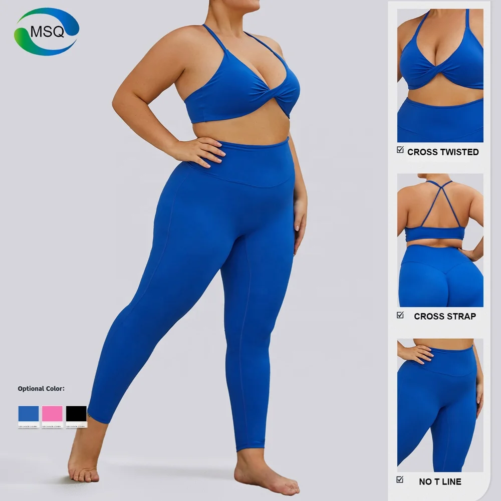 Fashion Plus Size Clothing Sexy Gym Fitness Sets Front Twist Straps Bra High Waist Leggings Women Workout Sportswear Yoga Set
