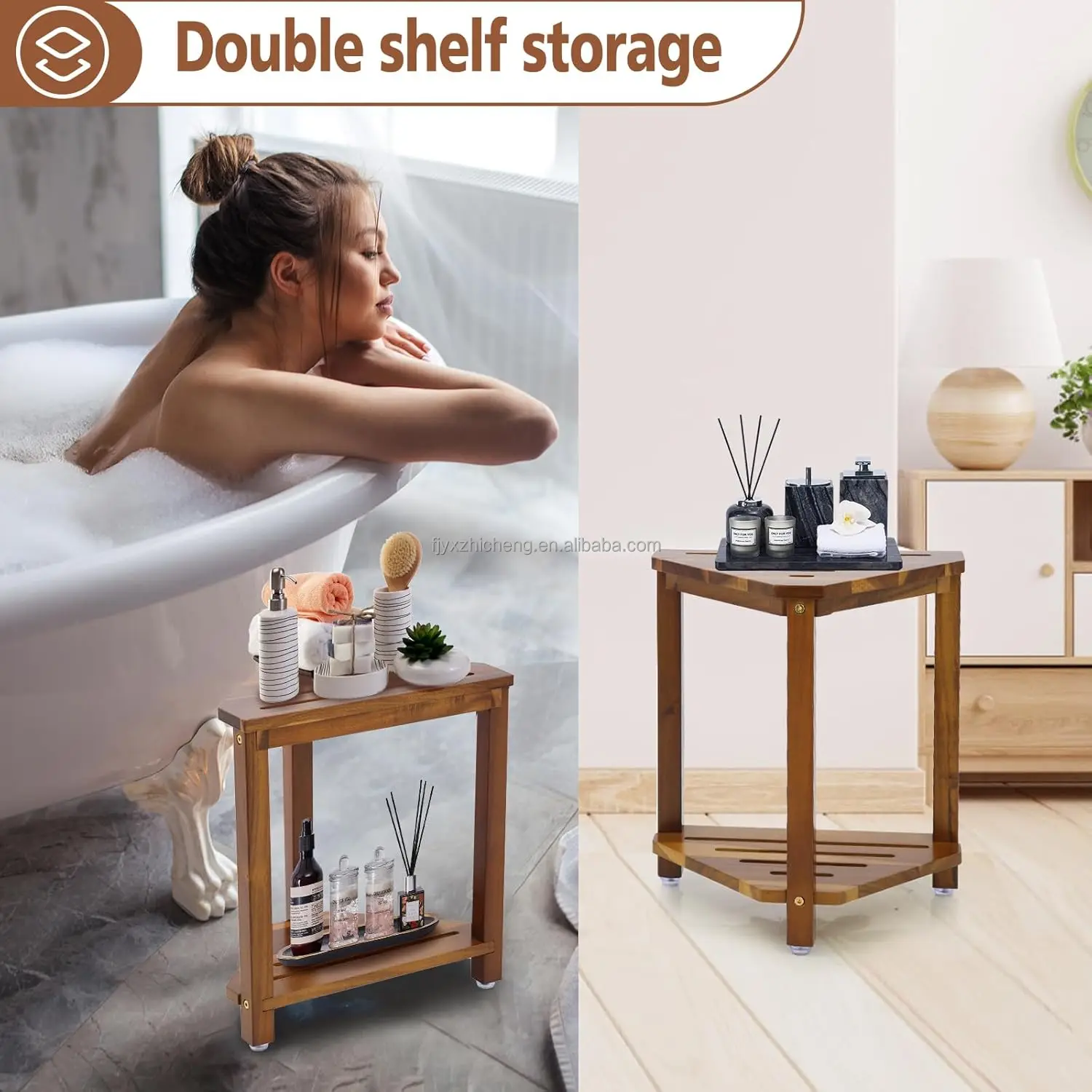 product 16in modern eco friendly shower foot rest corner stool shaving legs storage shelf small bench sit bath seat acacia wood-4