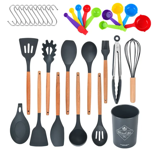 Wooden handle kitchen set 33 pieces special high temperature food grade spatula household kitchen utensils set cooking spatula