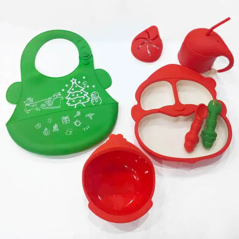 BPA Free Silicone Baby Led Weaning Feeding Plates Bowls Set Christmas Theme Silicone Baby Feeding Set For Baby Christmas Gift
