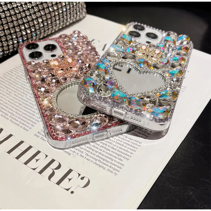 Makeup Mirror Design Glitter Diamond Phone Case For iPhone 15 Pro Max Luxury Rhinestone Covers For iPhone 14 13 12 11 Pro Max