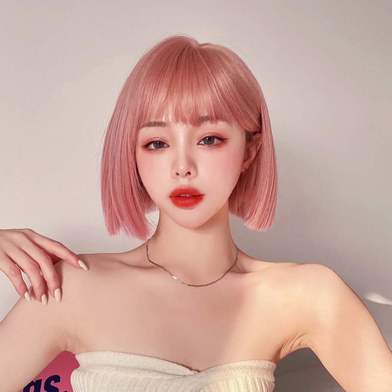 Ainizi Korean Style 28cm Short Bob Sweet Cute Sakura Pink Synthetic Hair  Machine Made Wigs With Bangs For Women - Buy Korean Wigs,Pink Wigs,Bob Wigs  Product on Alibaba.com