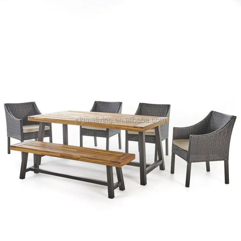 Luxury garden furniture outdoor rattan wicker chairs solid wood dinning set