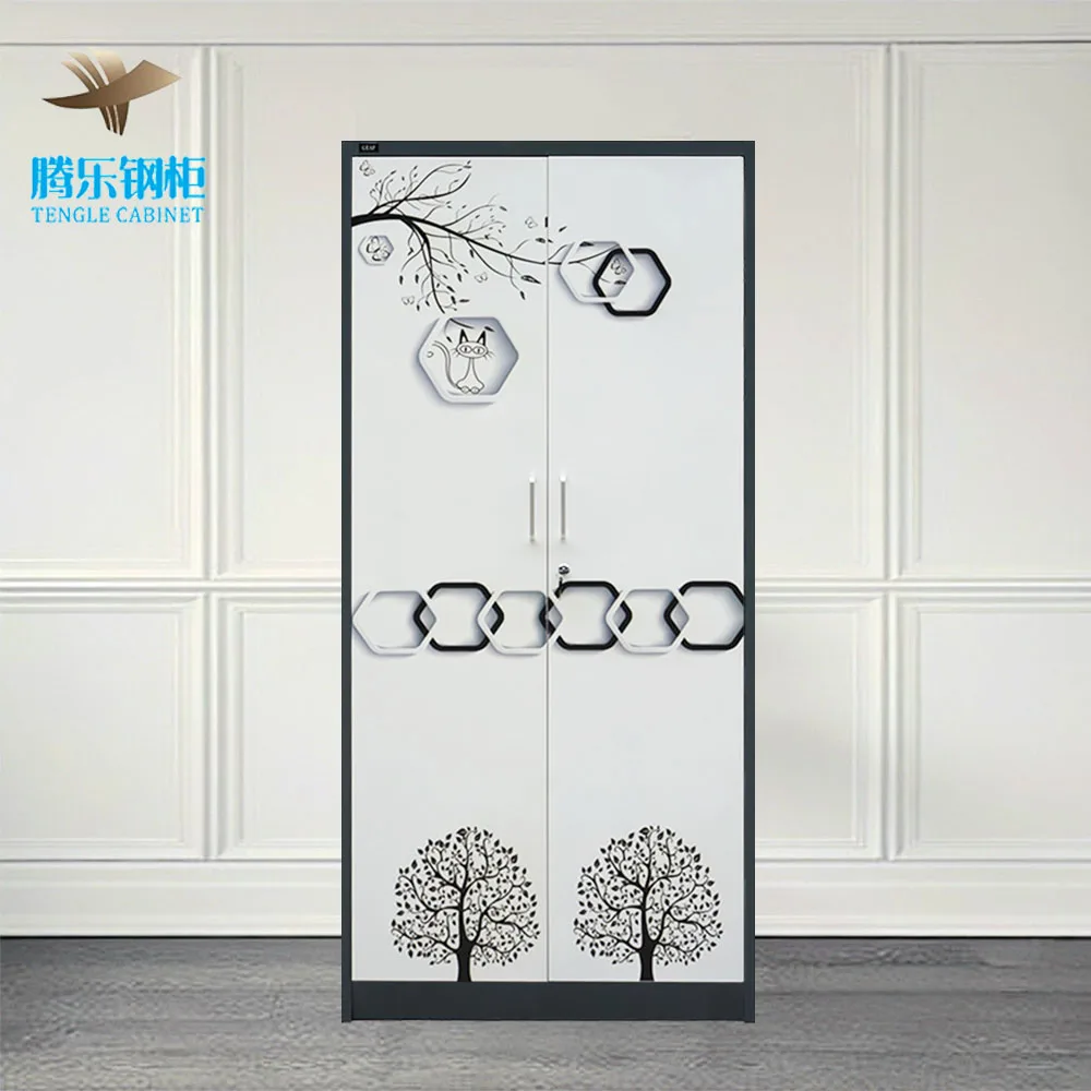 Double Door Steel Wardrobe Almirah Cabinet Flower Transfer Metal Closet Mirror for Bedroom Home Furniture Use