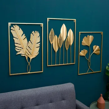 European Style 3d Interior Luxury Gold Metal Frame Metal Wall Art Hanging Leaf Flower Home Decor