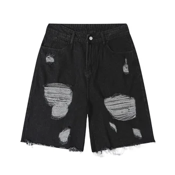 New Arrival Ripped Denim Shorts Men High Street Trend Straight Cat Beard Acid Wash Denim Shorts