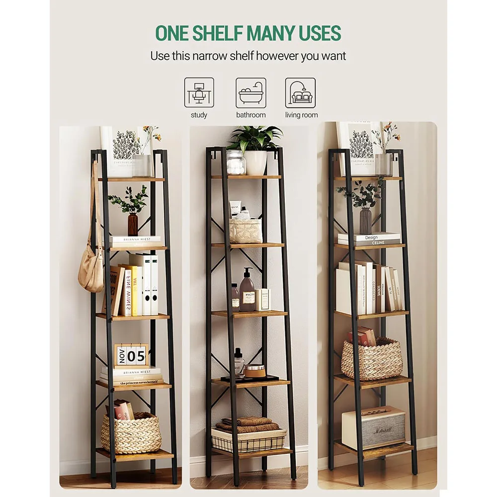 Modern 5-Tier Freestanding Corner Storage Bookshelf Industrial Design Oak Ladder Shelf with 2 Hooks factory