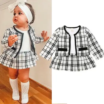 Autumn Winter Party Kids Clothes For Baby Girl Fashion Pageant Plaid Coat Tutu Dress Outfits Suit Toddler Girl Clothing Set