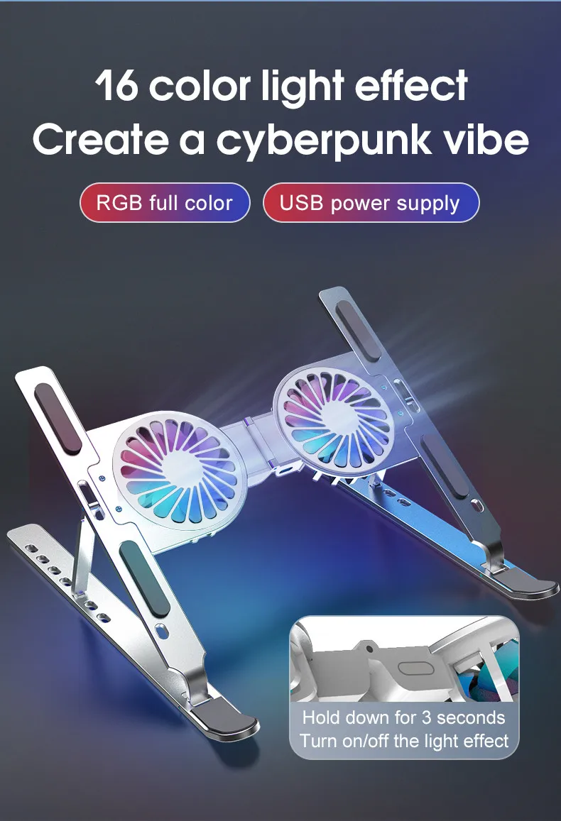 New Laptop Stands Tablet Holder with Fans RGB Light 6 Angles Adjustable Aluminum Foldable Portable Computer Accessories 8
