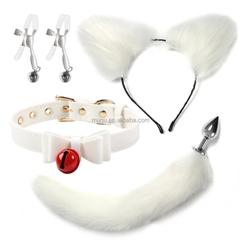 Sexy Fox Tail Anal Plug Hairpin Nipple Clamp Bow Neck Collar Set Fetish