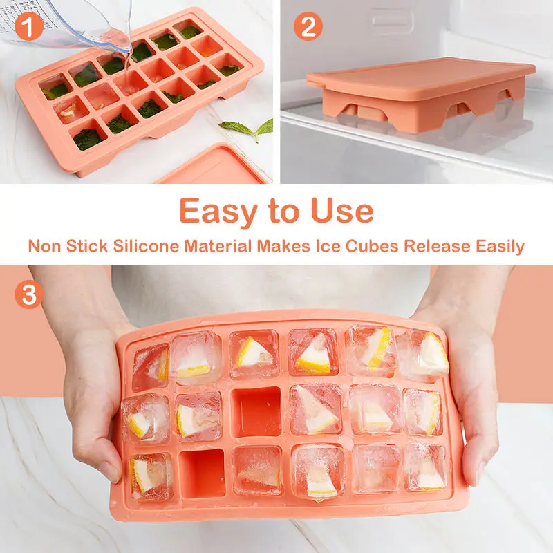 18 Cavity Square Tray Silicone Flexible Ice Cube Trays Molds With Removable Lid